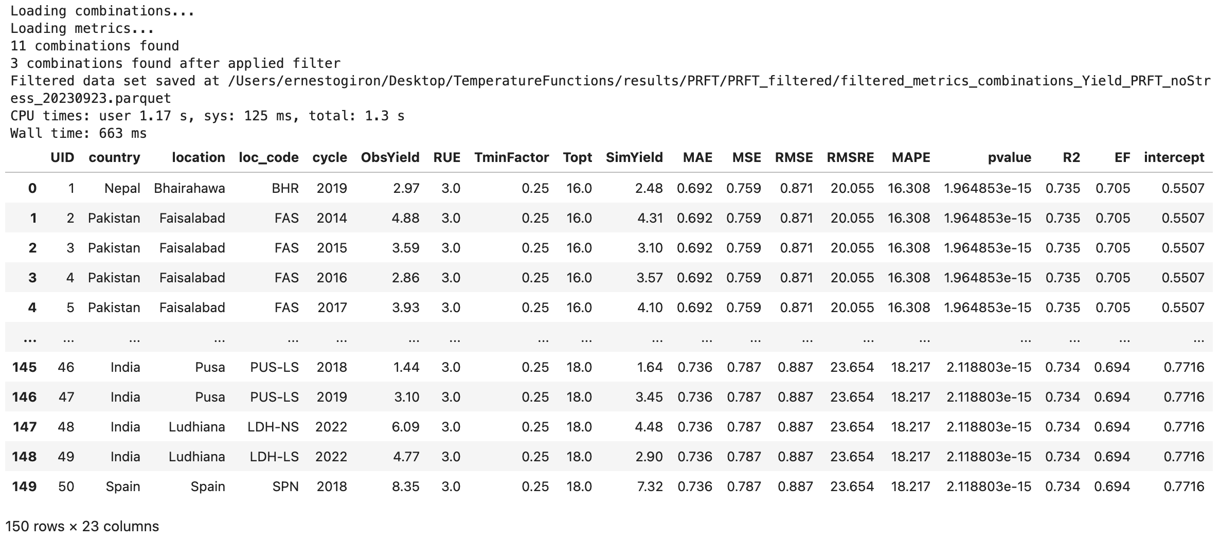 PRFT filter results table